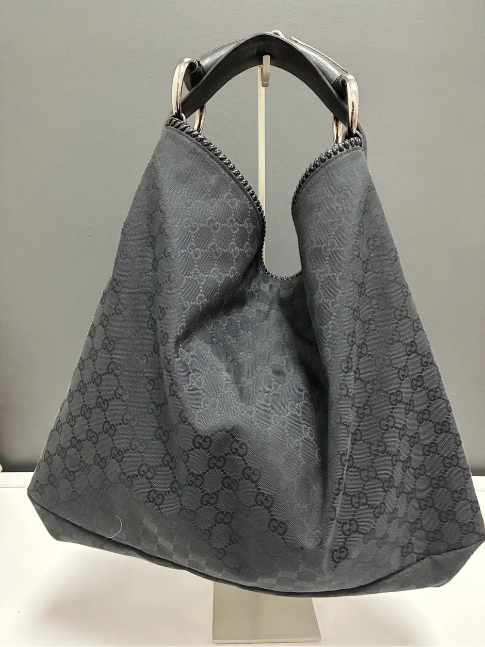 Authentic Gucci Black Monogram Jacquard Horsebit Large Hobo Bag